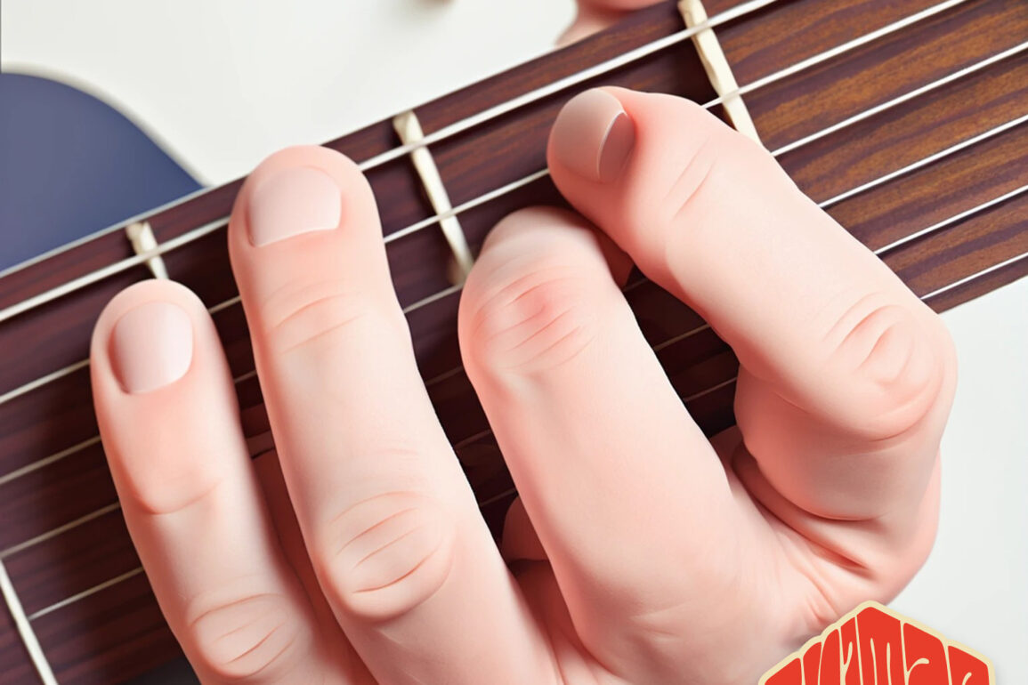 A guitar playing fingering notes on the guitar neck.