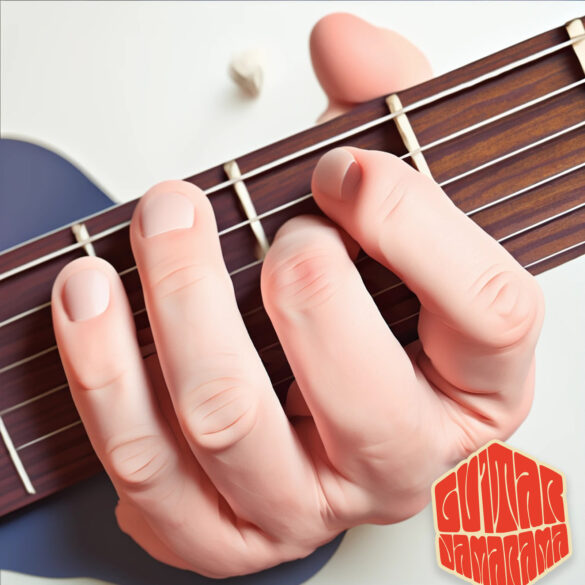 A guitar playing fingering notes on the guitar neck.